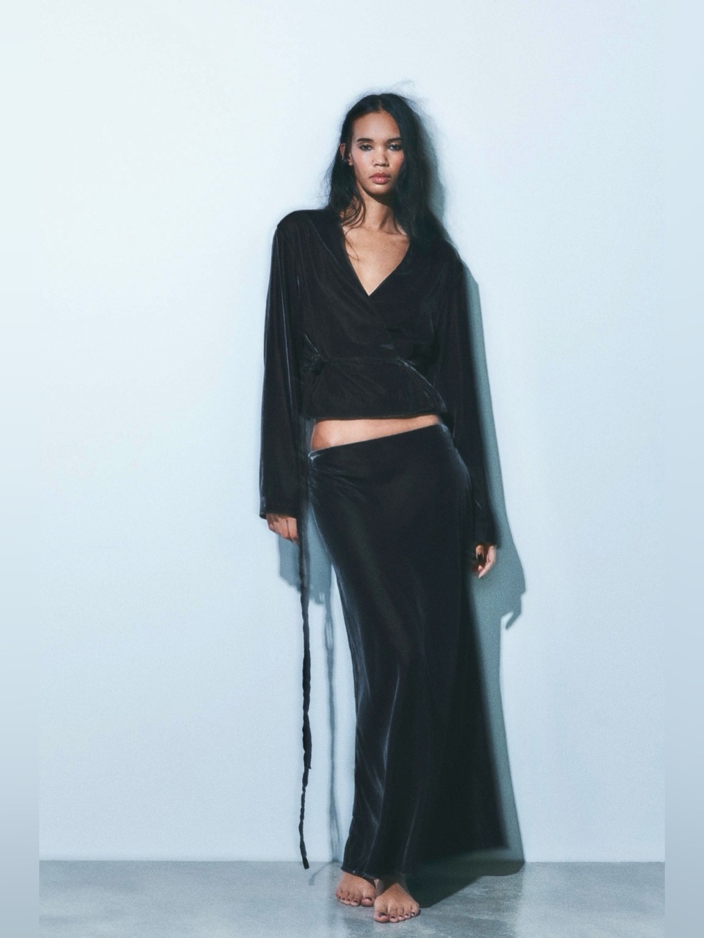 NWT Zara Charcoal Mid Grey Velour Midi Skirt Side Slit Sz XS